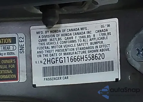 2006 Honda Civic Lx z USA, uszkodzony, nr VIN 2HGFG11666H558620